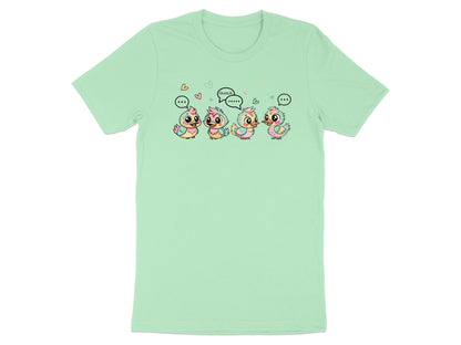 Four cartoon chicks with speech bubbles, one says "Quack."