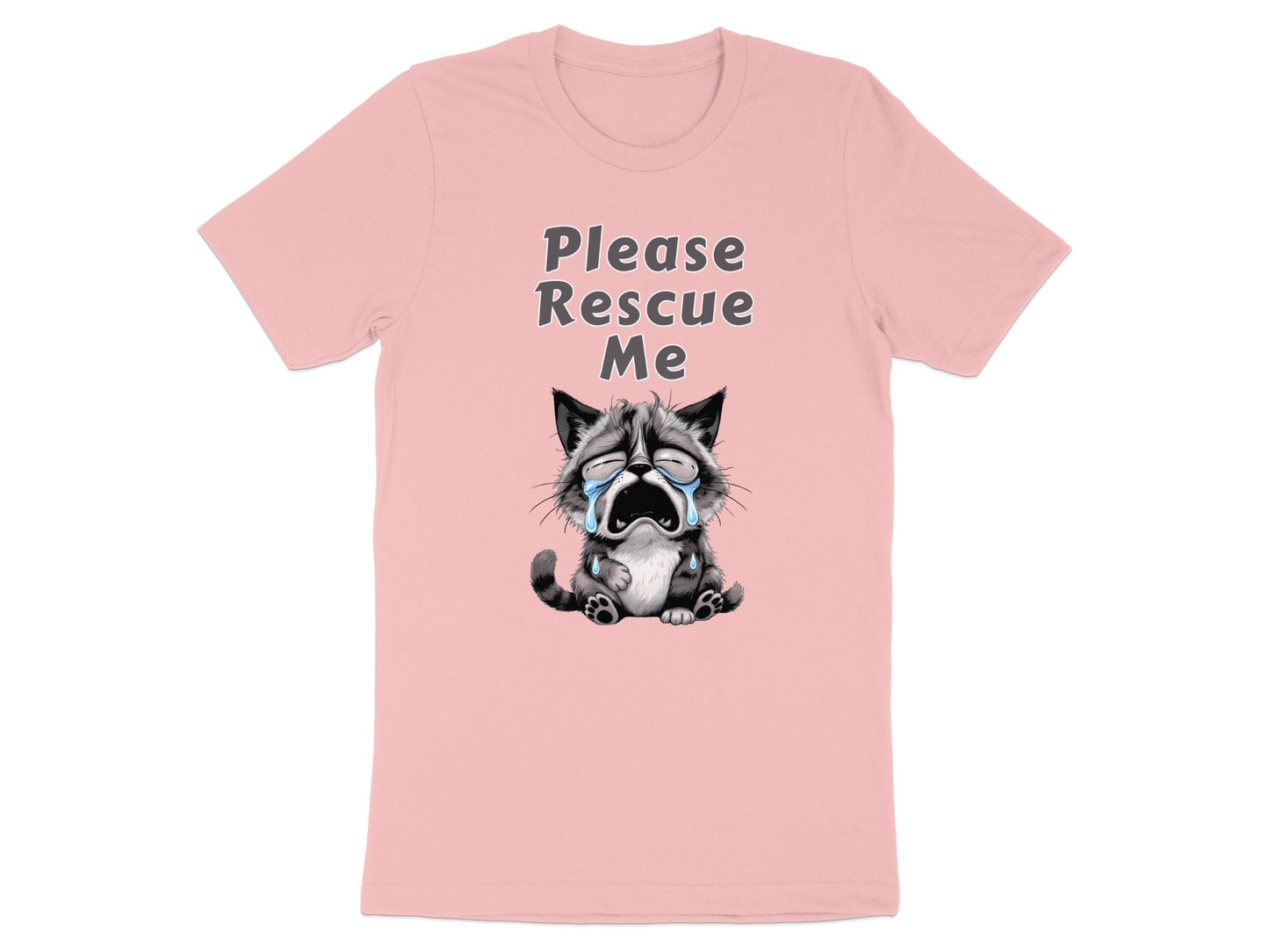 T-shirt with text "Please Rescue Me" and a crying cat illustration.