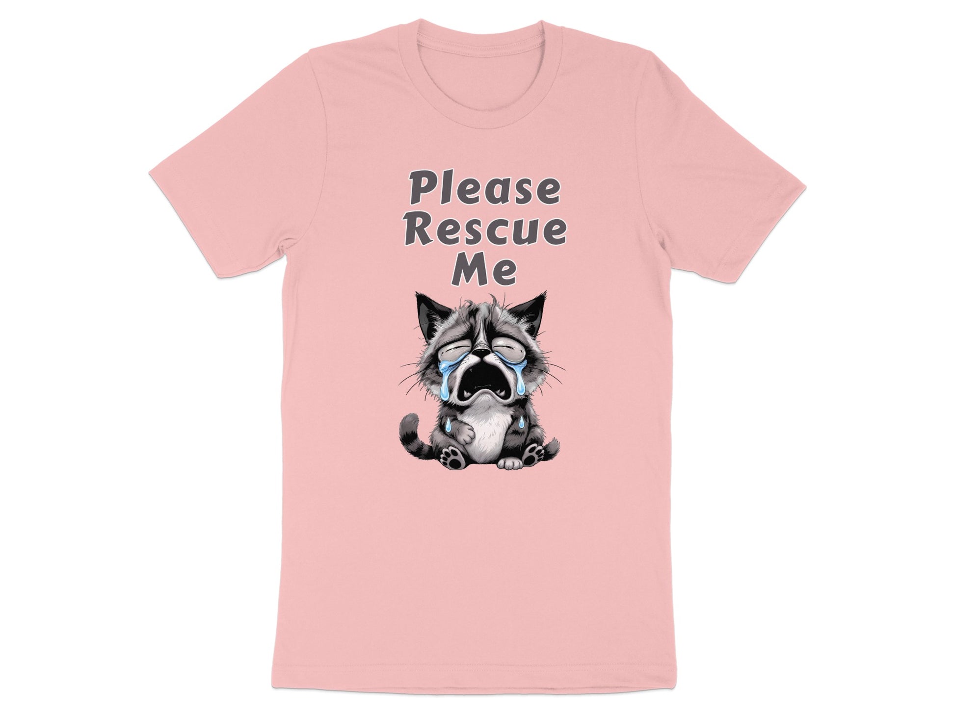 T-shirt with text "Please Rescue Me" and a crying cat illustration.