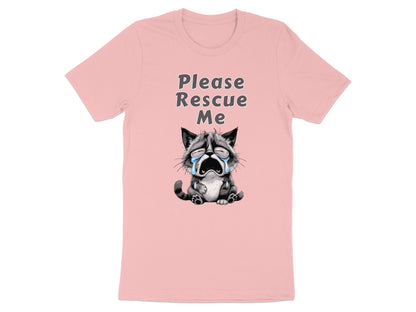 T-shirt with text "Please Rescue Me" and a crying cat illustration.