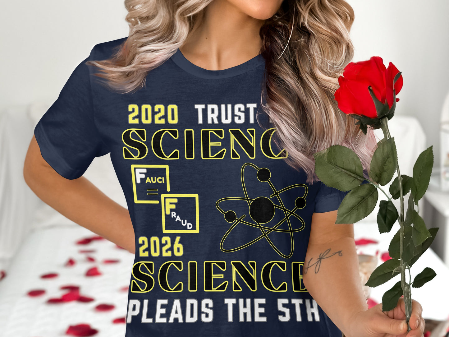 Navy t-shirt with text: "2020 Trust Science, Fauci Fraud, 2026 Science Pleads The 5th"