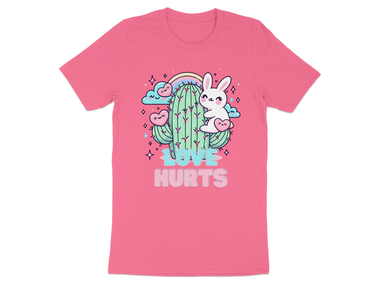 Pink t-shirt with cartoon cactus, bunny, hearts, and text "LOVE HURTS".