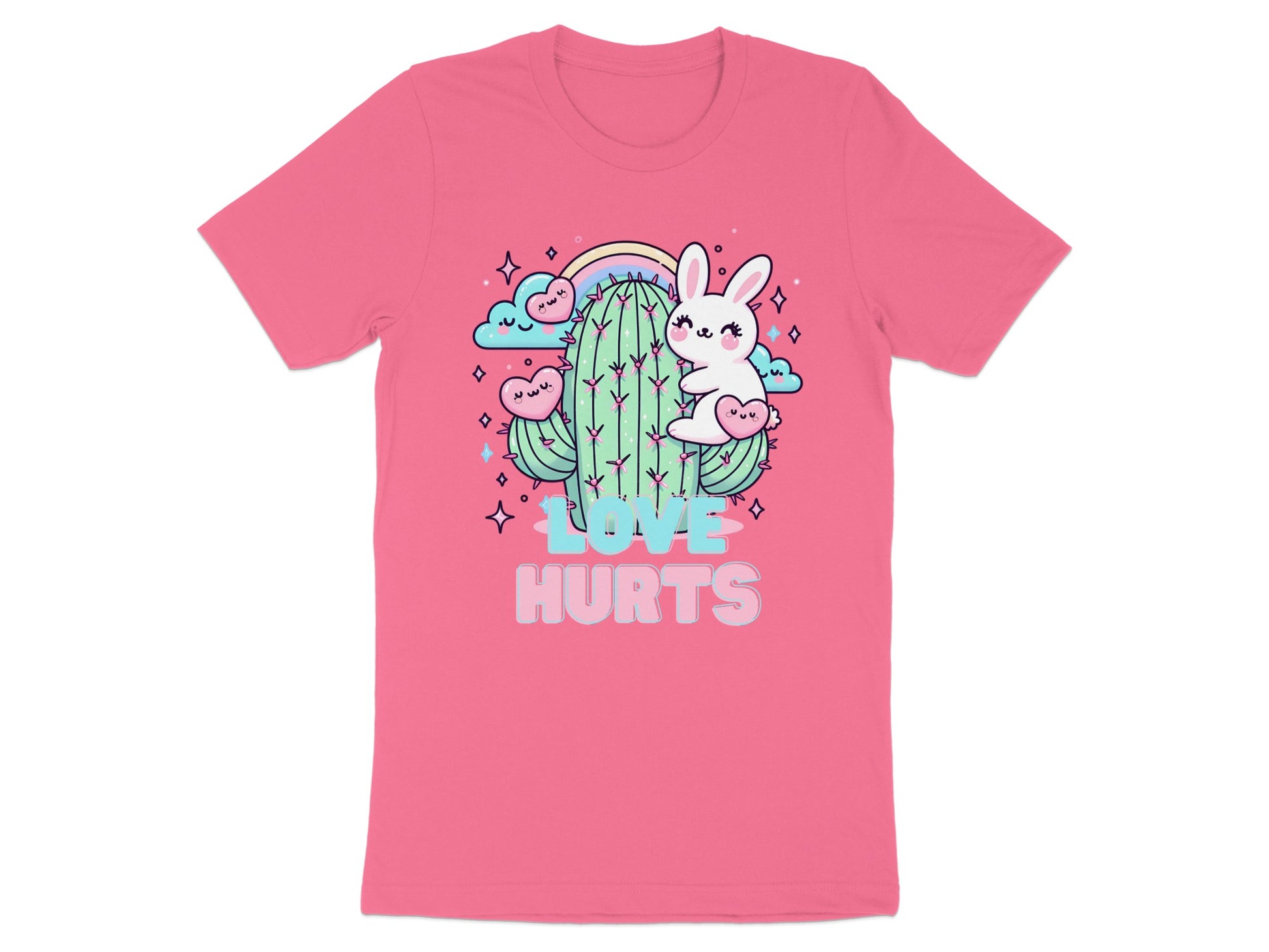 Pink t-shirt with cartoon cactus, bunny, hearts, and text "LOVE HURTS".