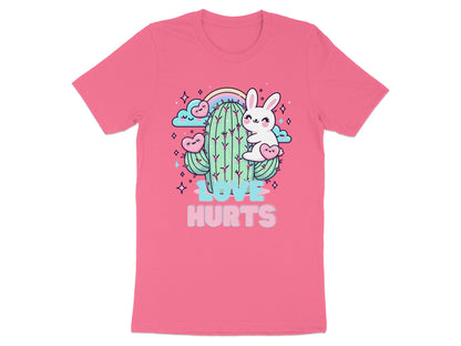 Pink t-shirt with cartoon cactus, bunny, hearts, and text "LOVE HURTS".