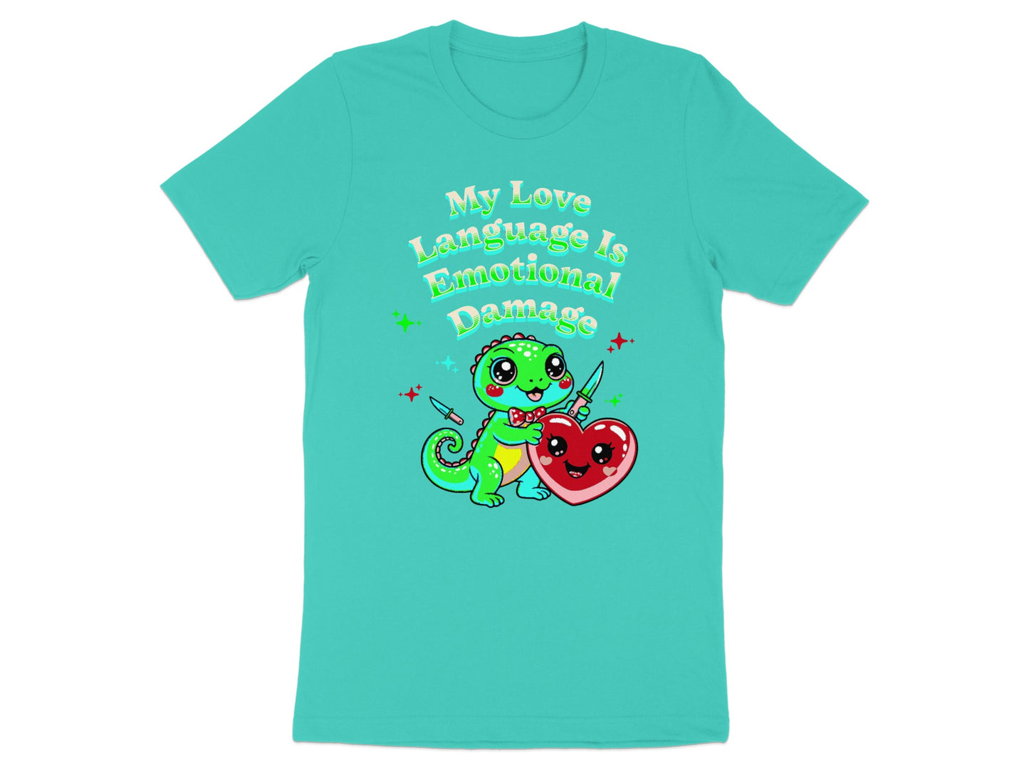 Green dinosaur holding a heart with knives on a turquoise t-shirt.