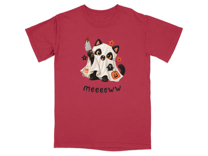 Red t-shirt with a Halloween-themed black cat dressed as a ghost, holding a bloody knife.