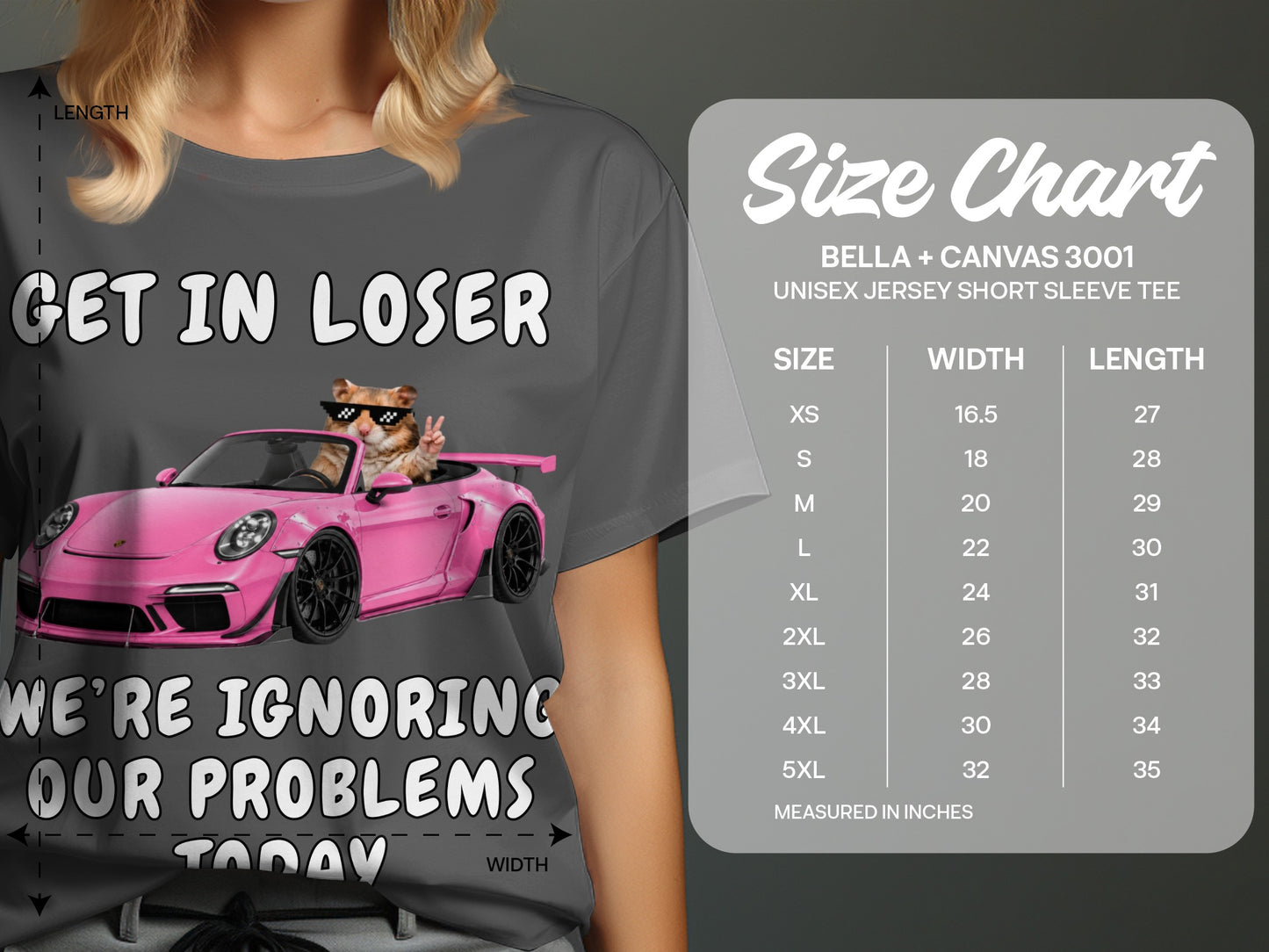 T-shirt with "GET IN LOSER WE'RE IGNORING OUR PROBLEMS TODAY" text and cat.