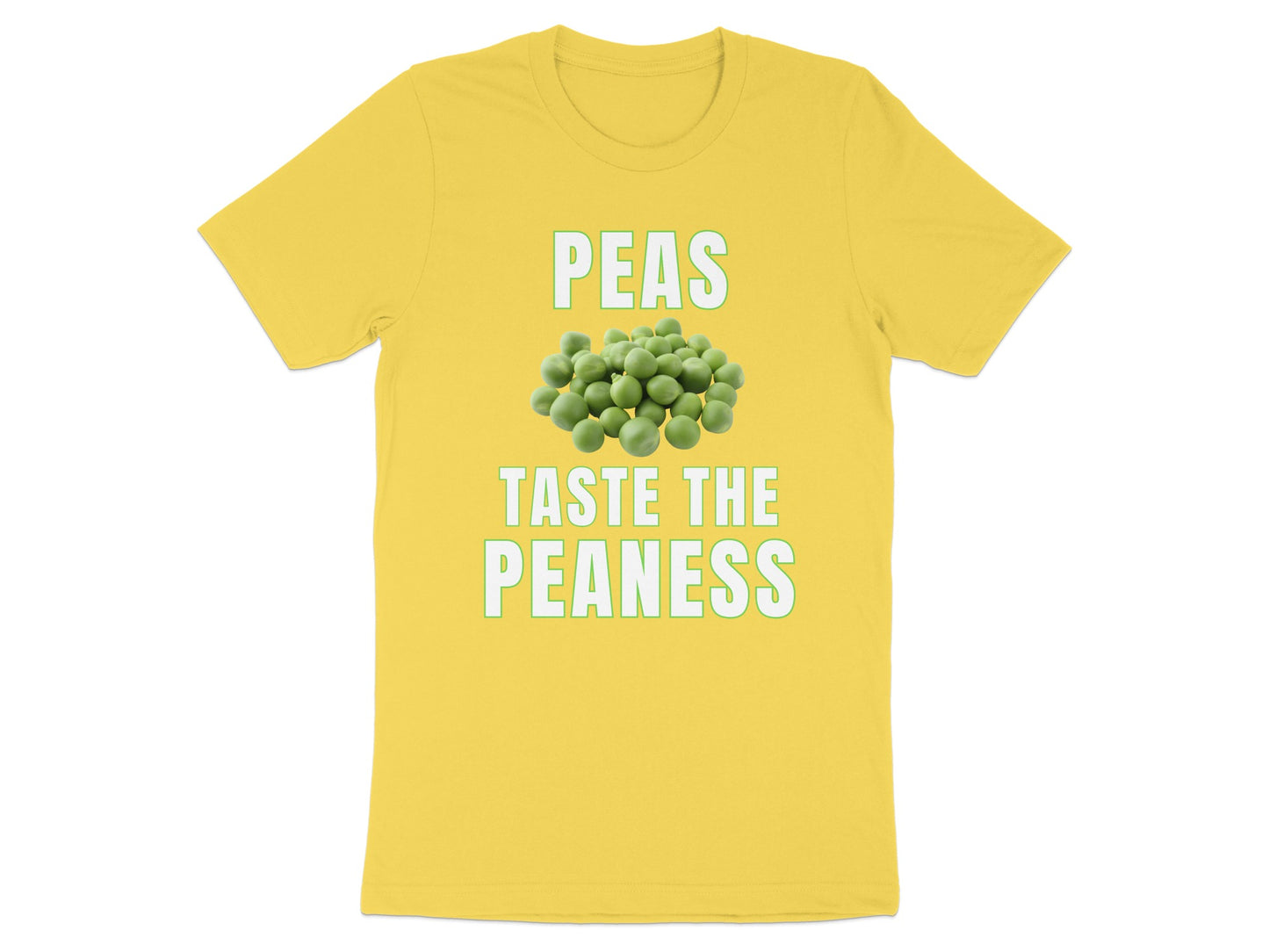 Yellow t-shirt with "PEAS TASTE THE PEANESS" text and pile of peas.