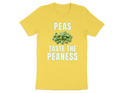 Yellow t-shirt with "PEAS TASTE THE PEANESS" text and pile of peas.