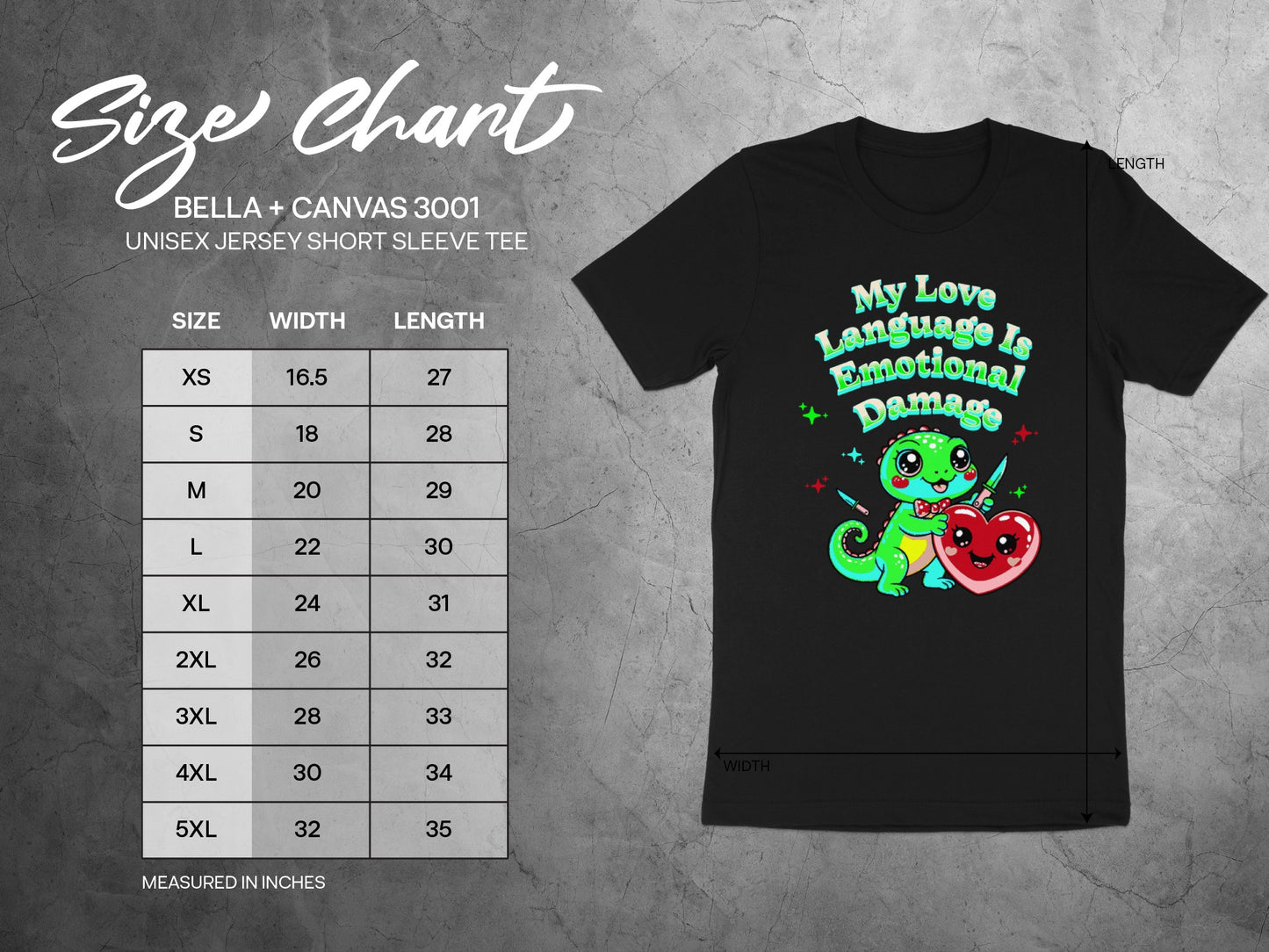 Size chart for Bella + Canvas 3001 unisex short sleeve tee with measurements.