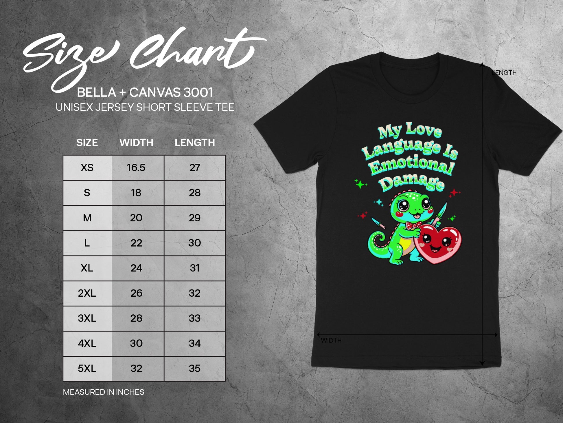 Size chart for Bella + Canvas 3001 unisex short sleeve tee with measurements.