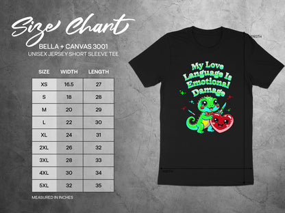 Size chart for Bella + Canvas 3001 unisex short sleeve tee with measurements.