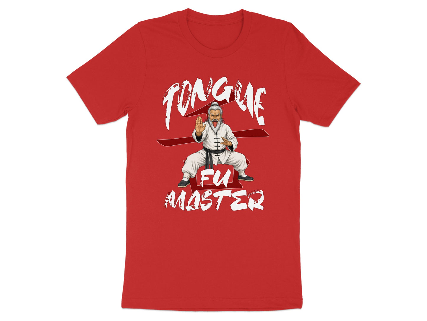 Red t-shirt with graphic of man in white gi with "Tongue Fu Master" text.