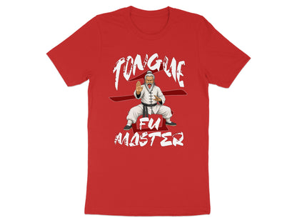 Red t-shirt with graphic of man in white gi with "Tongue Fu Master" text.