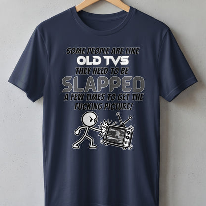 Dark blue t-shirt with text and graphic of a stick figure hitting an old television.