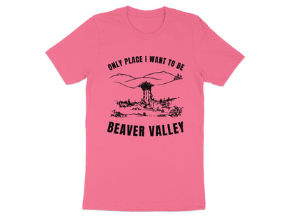 Pink t-shirt with black graphic: "Only Place I Want to Be Beaver Valley."