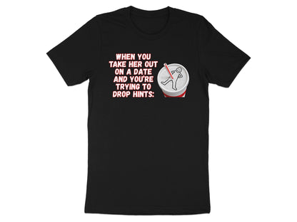 Black t-shirt with text and stick figure in a soda cup.