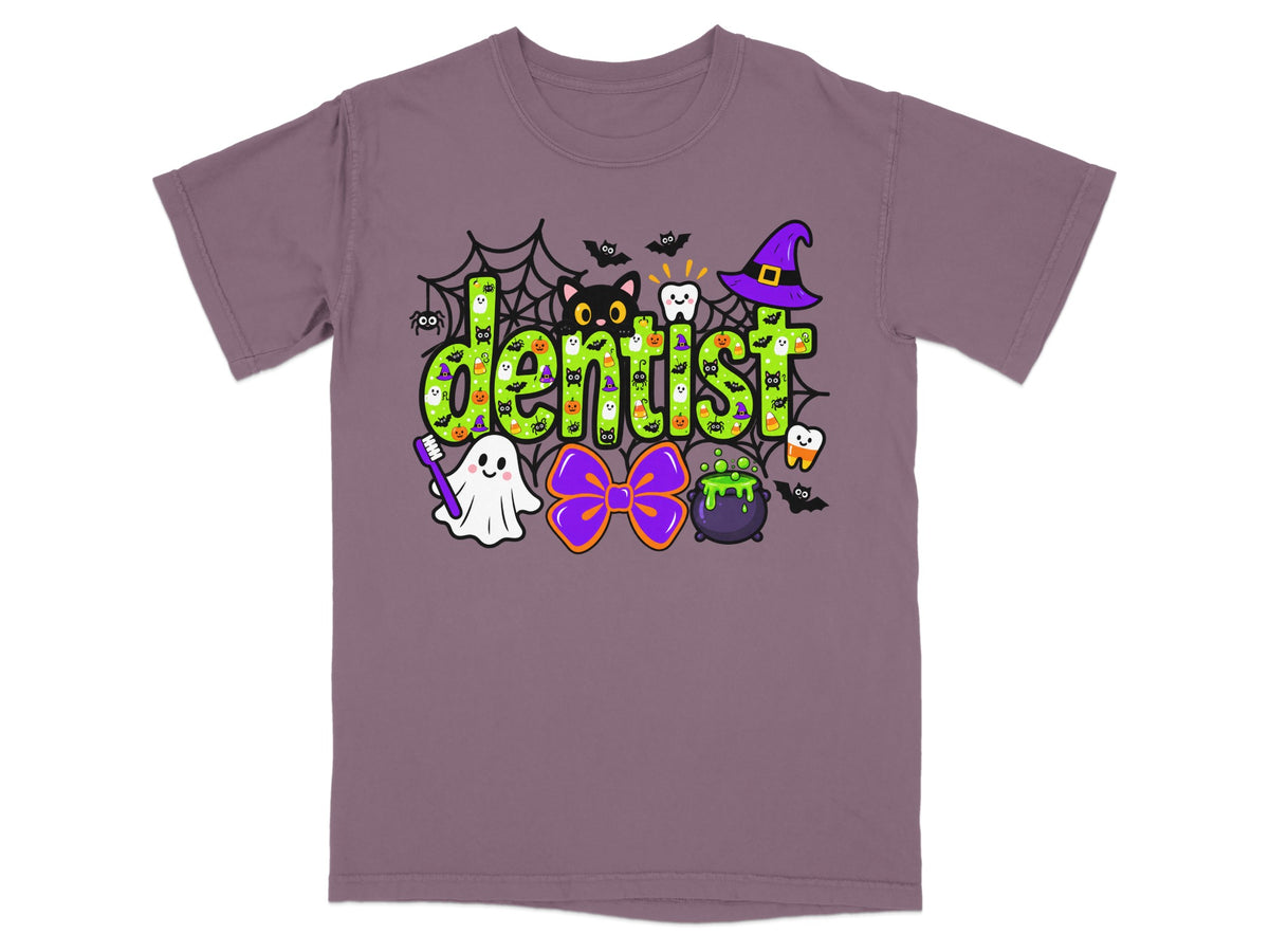 Halloween dentist shirt with cartoon ghost, cat, bats, and teeth.