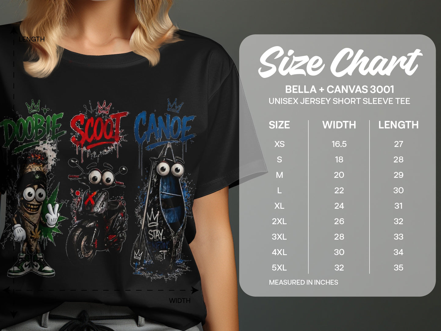 Black t-shirt with cartoon joint, scooter, and canoe graphics and a size chart.