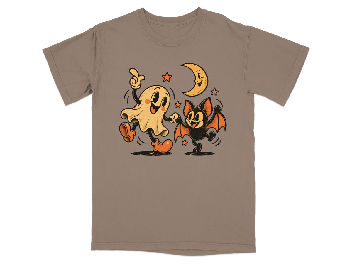 Brown t-shirt with vintage cartoon ghost and bat dancing under a crescent moon.