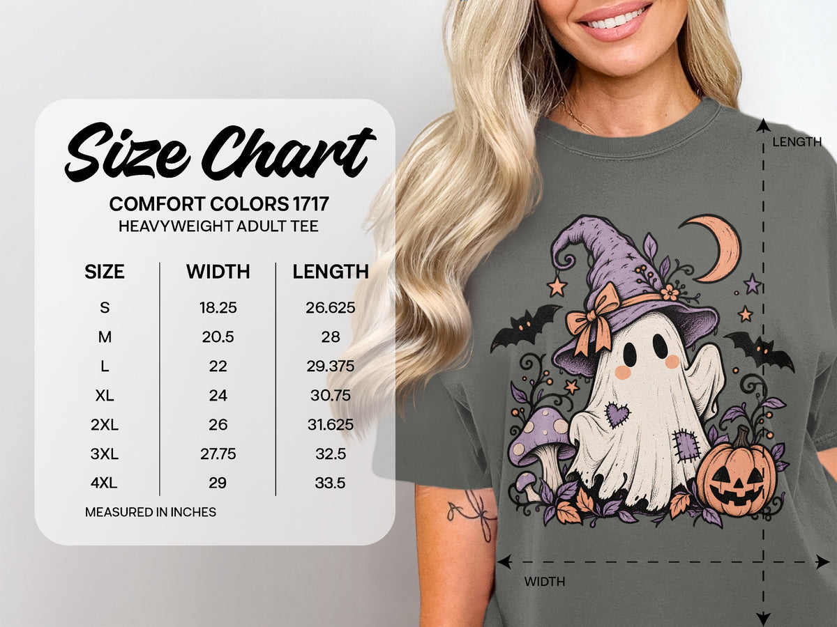 Comfort Colors 1717 heavyweight adult tee size chart with measurements in inches.