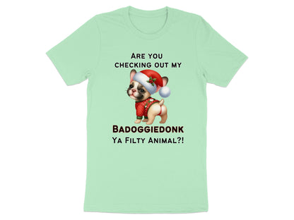 Light green t-shirt with French bulldog wearing a Santa hat and text.