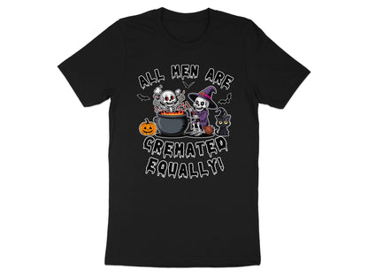 Black t-shirt with skeletons, a black cat, bats, pumpkin, and text "ALL MEN ARE CREMATED EQUALLY!".