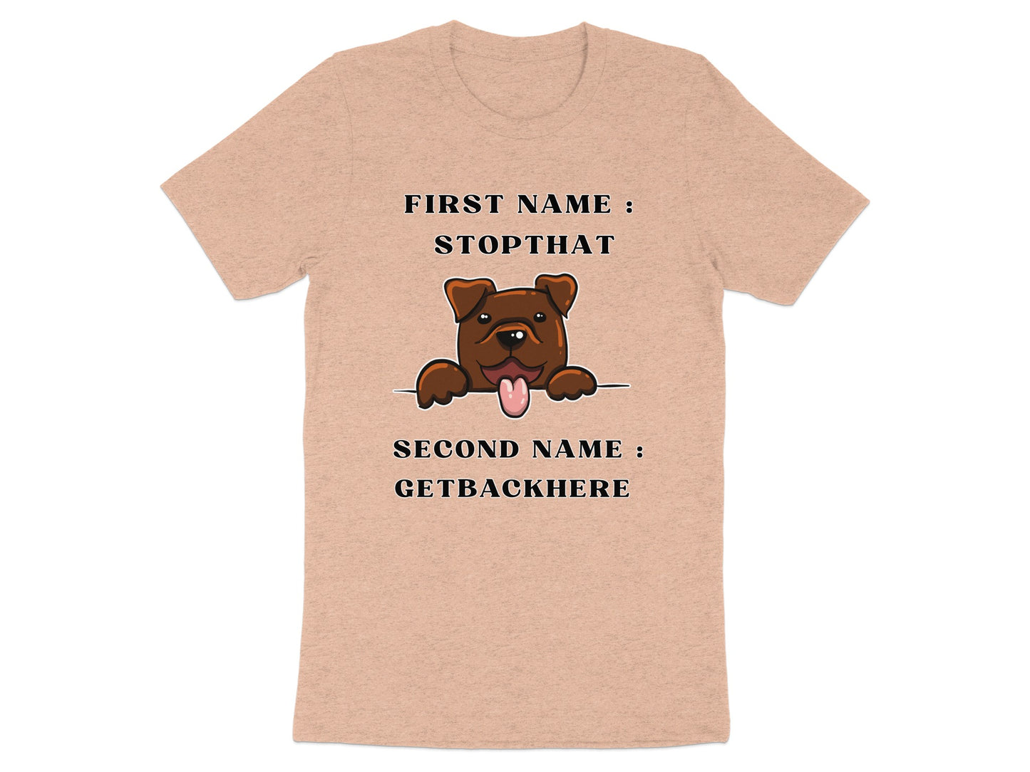 Peach t-shirt with a cartoon dog, "FIRST NAME: STOPTHAT", and "SECOND NAME: GETBACKHERE".