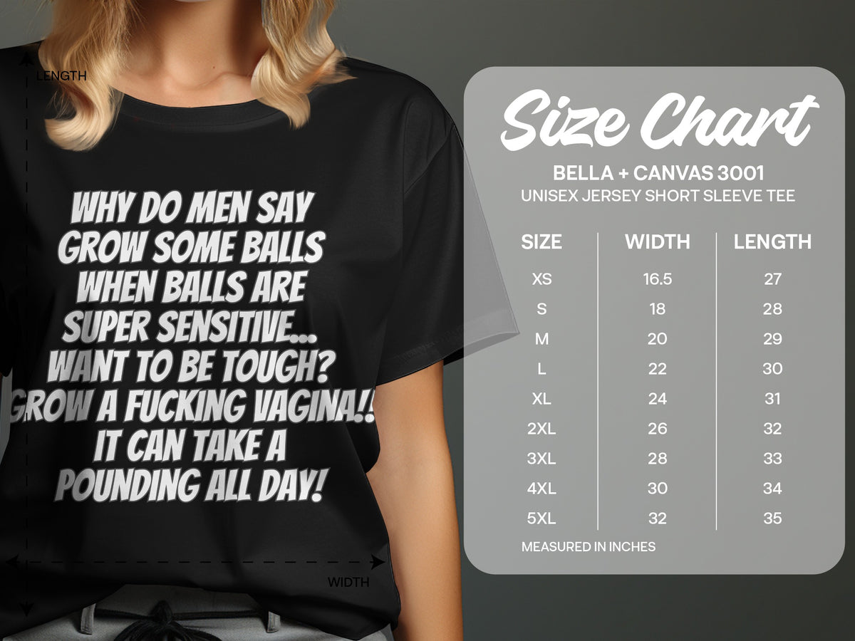Black t-shirt with graphic text and Bella + Canvas 3001 size chart.
