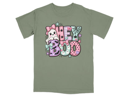 Green t-shirt with pastel "Hey Boo" Halloween graphic featuring a ghost.