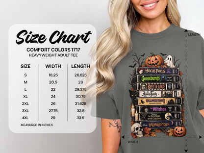 Comfort Colors size chart for heavyweight adult tee with Halloween movie VHS cover graphic.