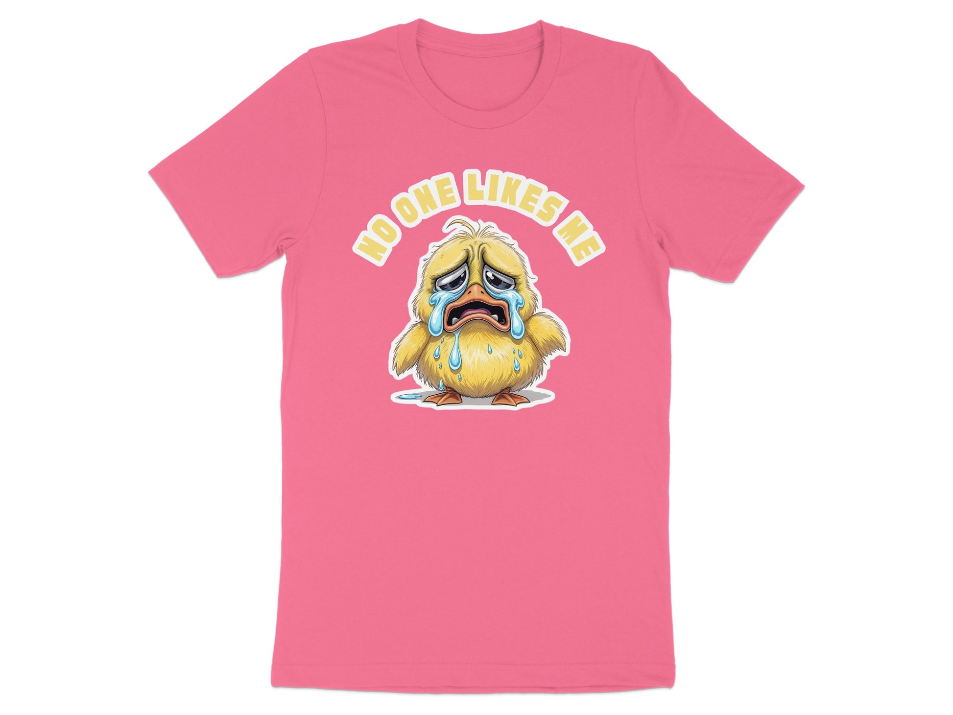 Pink t-shirt with crying yellow chick and "NO ONE LIKES ME" text.