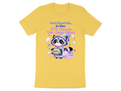 Yellow t-shirt with cartoon raccoon, Ouija board, and text "Don't Ghost Me... Or Else I'll Summon You Back Bitch."