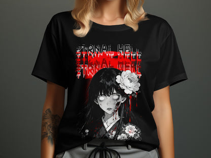 Black t-shirt with distressed "Eternal Hell" text and anime girl graphic.