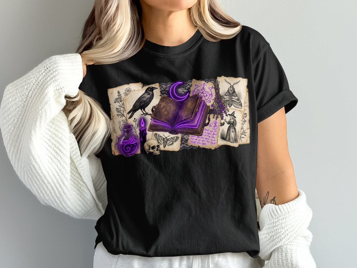 T-shirt graphic with vintage witchy elements: raven, skull, potion, book, moon, moth, and herbs.