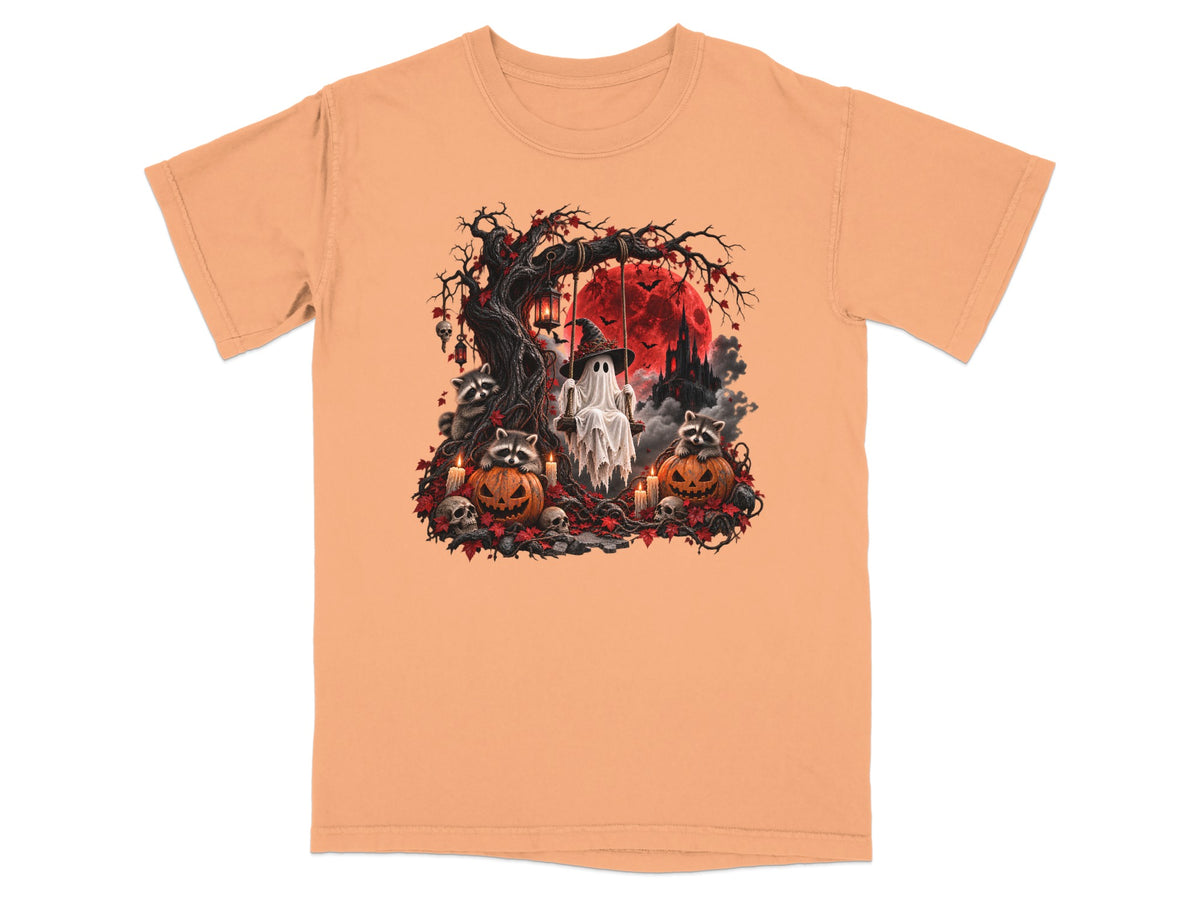 Halloween graphic featuring a ghost, raccoons, pumpkins, skulls, and a red moon.