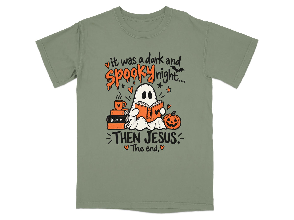 Ghost reading with books, coffee, pumpkin. "It was a dark and spooky night... Then Jesus. The end."