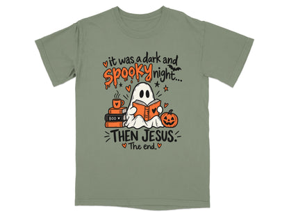 Ghost reading with books, coffee, pumpkin. "It was a dark and spooky night... Then Jesus. The end."