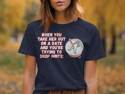 Navy t-shirt with text about dating and a cartoon stick figure in a soda cup.