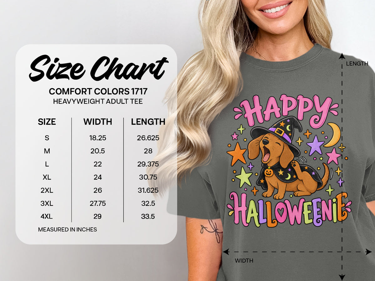 Size chart for Comfort Colors 1717 heavyweight adult tee with dachshund graphic.