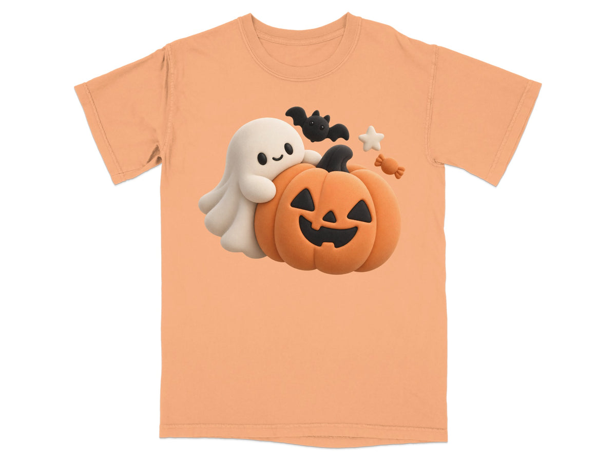 Orange t-shirt with cute ghost, pumpkin, bat, star, and candy Halloween graphic.