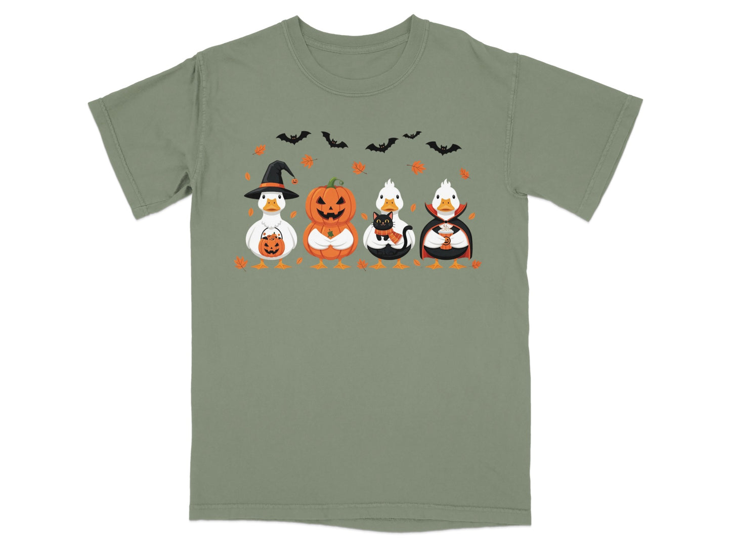 Four ducks in Halloween costumes, including a witch, vampire, and one holding a pumpkin.