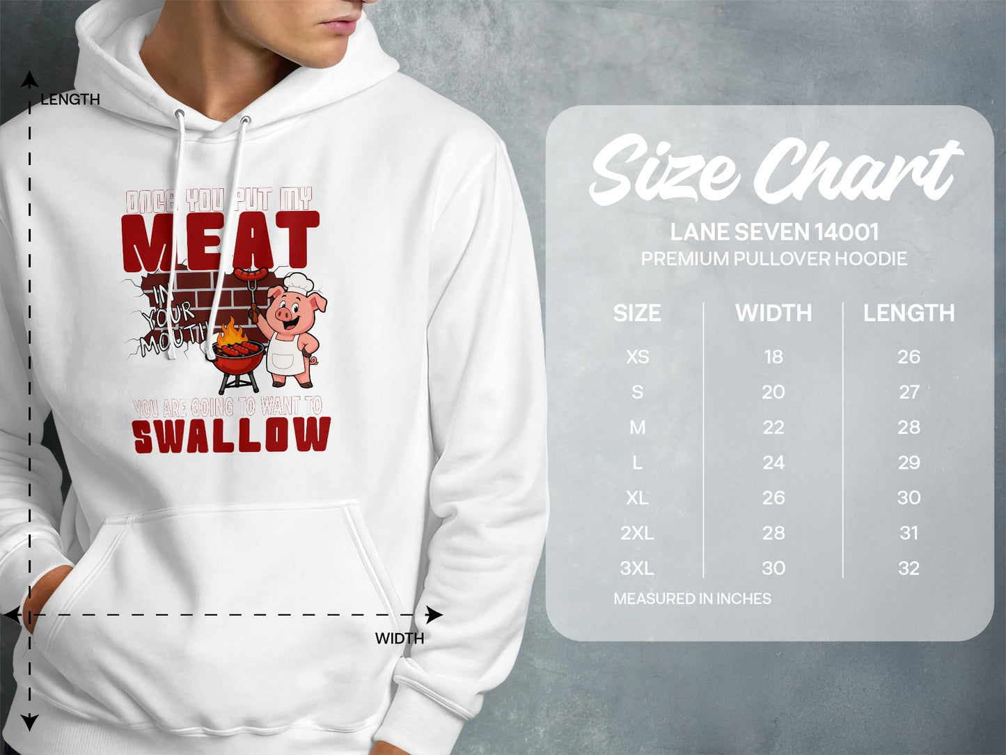 White hoodie with graphic of pig grilling sausages and text "Once you put my meat in your mouth, you are going to want to swallow."