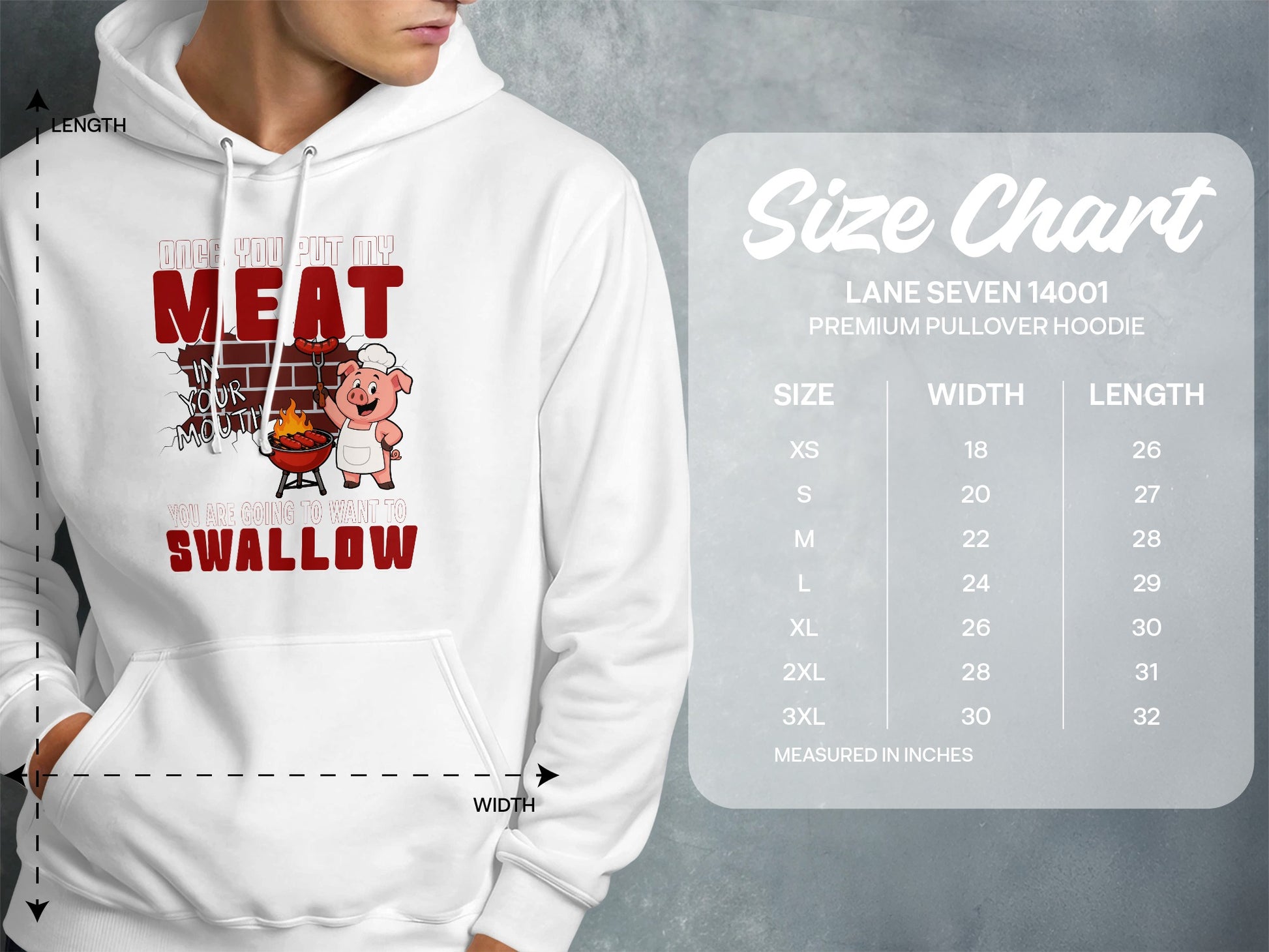 White hoodie with graphic of pig grilling sausages and text "Once you put my meat in your mouth, you are going to want to swallow."