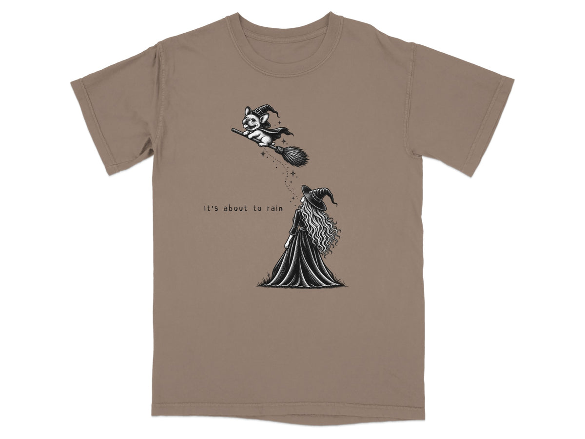 French bulldog in witch hat flies on broom, text says "It's about to rain."