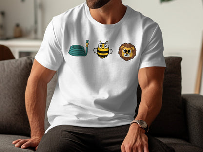 White t-shirt with cartoon hose, bee, and lion graphic on chest.