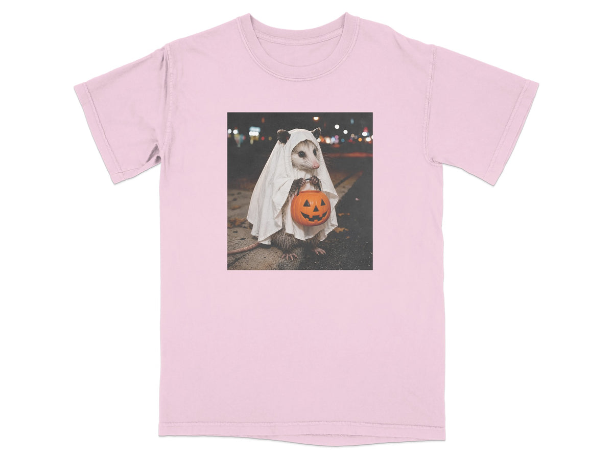 Opossum in ghost costume holding a jack-o'-lantern candy bucket on a street at night.