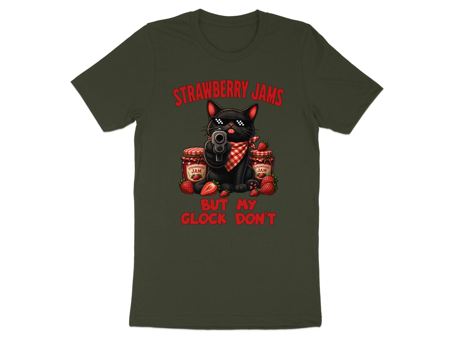 Black cat wearing sunglasses holds a gun with strawberry jam jars and text.