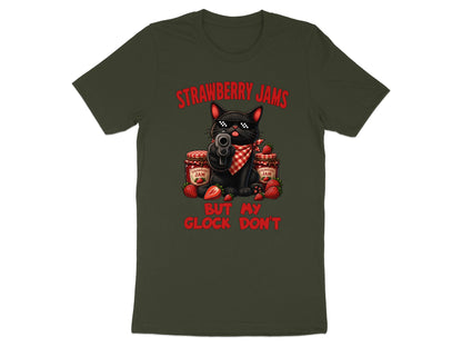 Black cat wearing sunglasses holds a gun with strawberry jam jars and text.