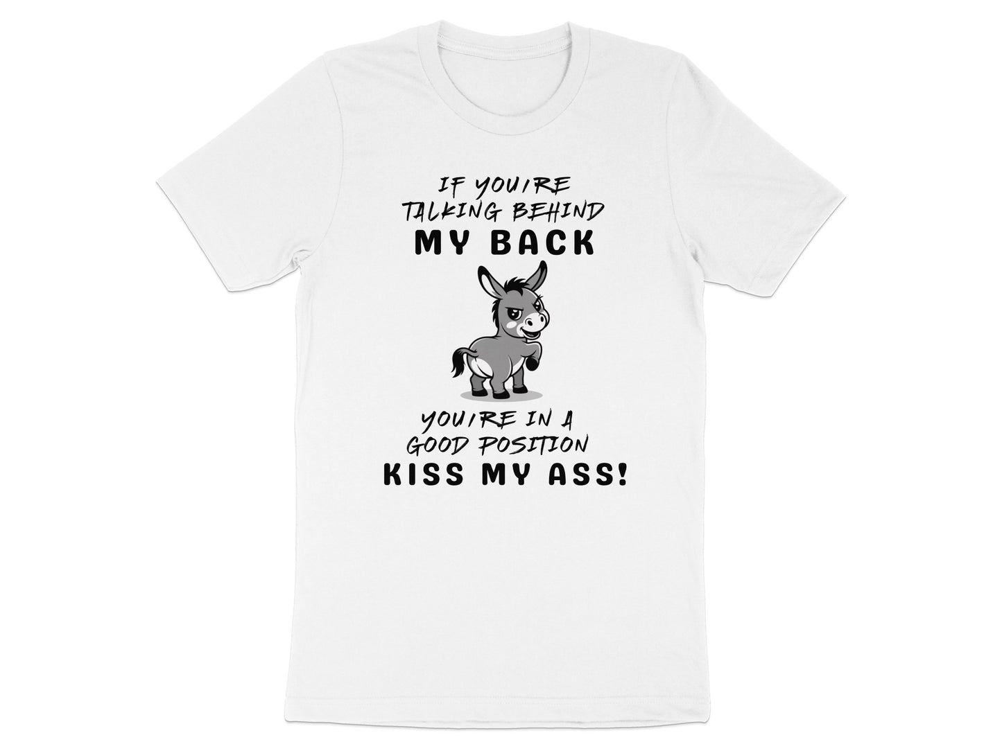 White t-shirt with text and cartoon donkey graphic.